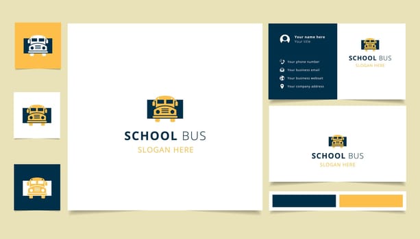 School bus logo design with editable slogan. Business card and branding book template.