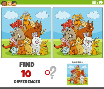 Cartoon illustration of finding the differences between pictures educational activity with cats and dogs animal characters group