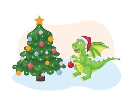 Dragon near the Christmas tree. Cute Christmas illustration depicting a dragon with a Christmas tree toy near the Christmas tree. A symbol of the new year. Vector.