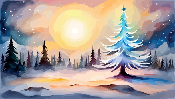 Winter background vector illustration. Hand painted watercolor , Mountain with snow, pine forest and moon hand drawing. Design for wallpaper, wall arts, cover, wedding and invite card.