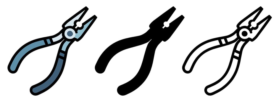Pliers icons set. Image of pliers in various styles. Professional tool icon. Vector illustration