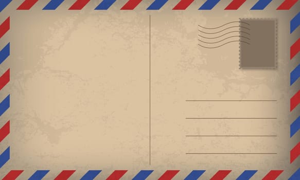 Old style postcard or envelope with postage stamp. Air mail letter. Post stamp. Airmail frame postcard. Mockup template envelope. Vector illustration
