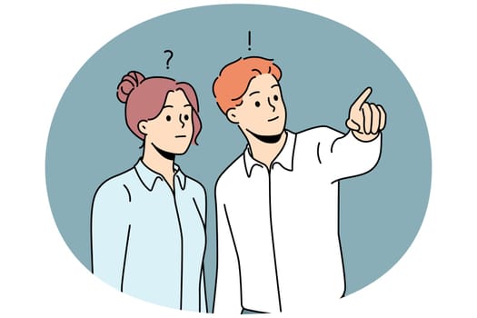 Young male employee help confused coworker with problem solution. Man worker brainstorm lead frustrated woman colleague with trouble. Vector illustration.