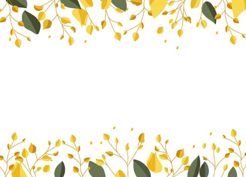 Beautiful pattern with green leaves and yellow branches on a white background with space for text.