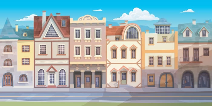 illustration of vintage stone different houses front view at european old cityat sunny day