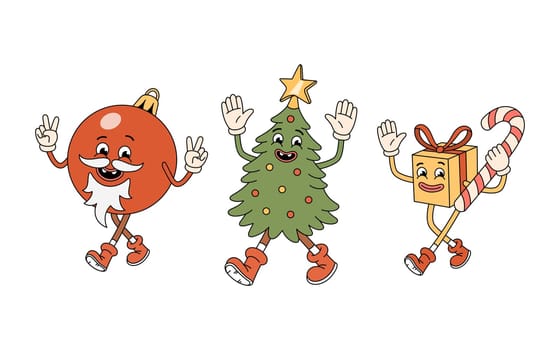 Groovy Christmas characters - tree, gift box with candy cane, red ball toy with white beard. Groovy Christmas tree character. Retro groovy cartoon characters in doodle style. Vector illustration.