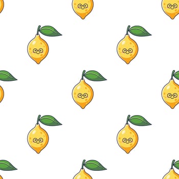 Cute Kawaii Lemon character with glasses seamless pattern. Vector hand drawn illustration. Lemon character in doodle style. Isolated on white background. Shy nerd lemon character texture, textile.