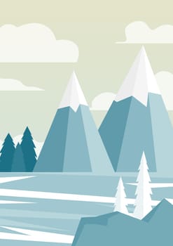 Winter scene landscape with frozen lake, mountains. Snowy trees or pines and forest. Cold weather, minimalist wall decor. Vector art print