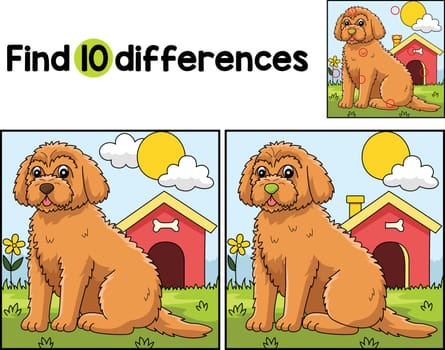 Find or spot the differences on this Goldendoodle Dog Kids activity page. It is a funny and educational puzzle-matching game for children.