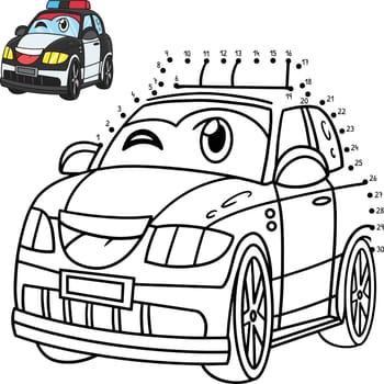 A cute and funny connect the dots Police Car with Face Vehicle coloring page.