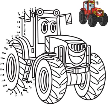 A cute and funny connect the dots Tractor with Face Vehicle coloring page.