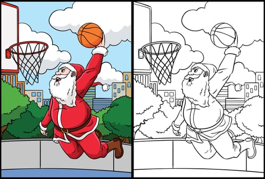 This coloring page shows a Basketball Santa Slam Dunk. One side of this illustration is colored and serves as an inspiration for children.