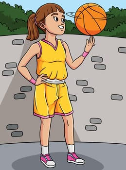 This cartoon clipart shows a Basketball Girl Spinning the Ball illustration.