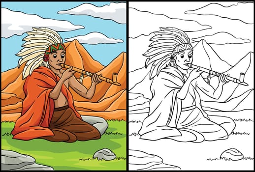 This coloring page shows a Native American Indian with Calumet. One side of this illustration is colored and serves as an inspiration for children.