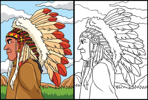 This coloring page shows a Native American Indian Chieftain. One side of this illustration is colored and serves as an inspiration for children.