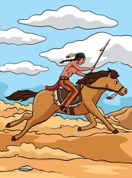 This cartoon clipart shows a Native American Indian Riding a Horse illustration.