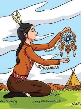 This cartoon clipart shows a Native American Indian Girl Dreamcatcher illustration.