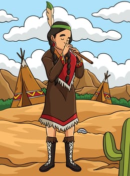 This cartoon clipart shows a Native American Indian Girl Playing Flute illustration.