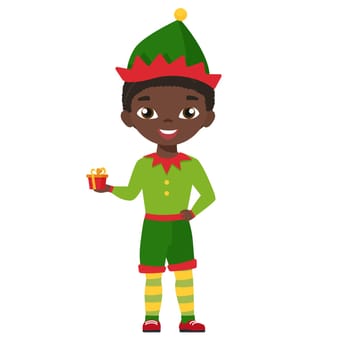 Kids in elf costumes. Christmas party carnival, winter holiday clothes vector cartoon illustration