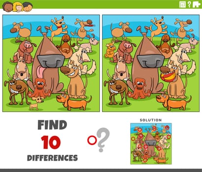 Cartoon illustration of finding the differences between pictures educational activity with playful dogs animal characters group