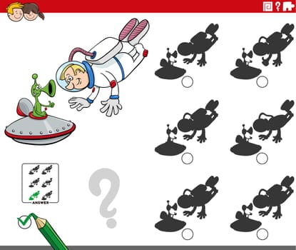 Cartoon illustration of finding the right picture to the shadow educational game with astronaut and alien character