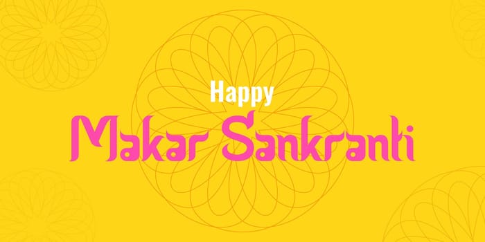 Makara Sankranti sunny holiday of India. Congratulations on a bright yellow background with patterns. Concept holiday. Poster, leaflet, website design Vector illustration.