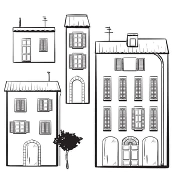 Set. Composition. ink vector. Italian. Exterior sketch a street. entryways, windows with shutters chimneys and an antenna. Trees. Perfect for brochures travel imagery real estate and agency promotions.