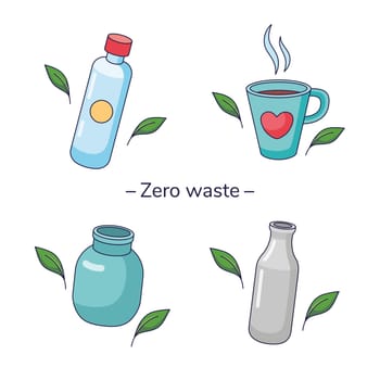 Set of eco friendly tableware items - ceramic mug, reusable glass jars. Zero waste concept. Vector illustration in cartoon style