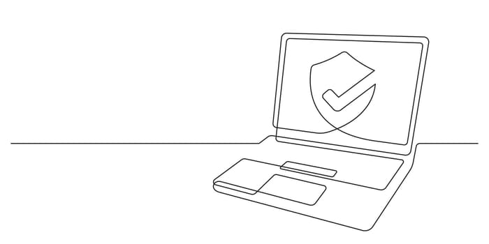 online security and data encryption-continuous line drawing of laptop with protected shield for secure internet and privacy information