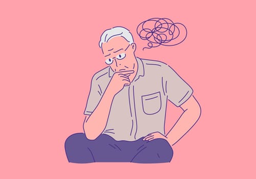 suffering elderly man with thoughtful pose vector illustration. retirement concept.