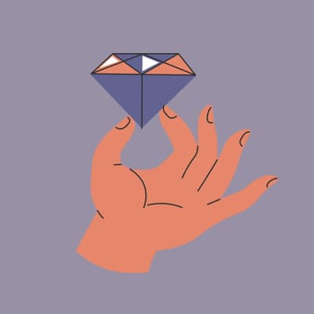 Man or woman hand holding diamond. Isolated icon of arm with precious stone with facets and shining. Luxurious and expensive present or gift, jewelry stone or shop. Vector in flat style illustration
