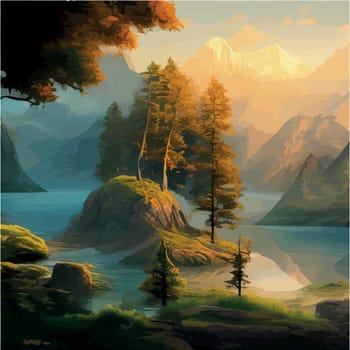 Landscape with blue misty mountains, beautiful forest and river against backdrop of sunrise. Wildlife vector illustration for posters and wallpapers, mysterious morning nature