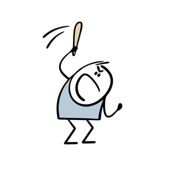 Aggressive man swings and hits with big stick, bat or club. Vector illustration of violent fight, evil stickman. Ugly guy swears and yells in anger. Isolated character cartoon on white background.