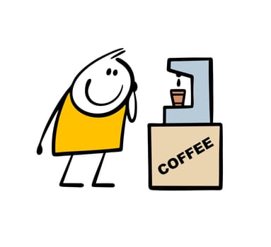 Funny stickman stands and looks at the coffee machine. Preparation of a hot drink in a paper cup. Vector illustration of a break at work in the office. Isolated cartoon character on white background.