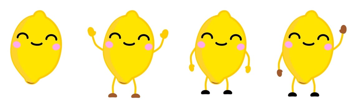 Cute kawaii style lemon fruit, eyes closed, smiling. Version with hands raised, down and waving.