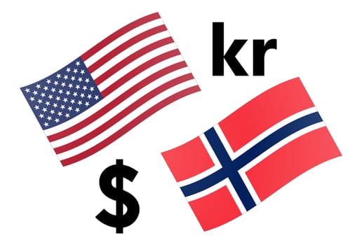 USDNOK forex currency pair vector illustration. American and Norwegian flag, with Dollar and Krone symbol.