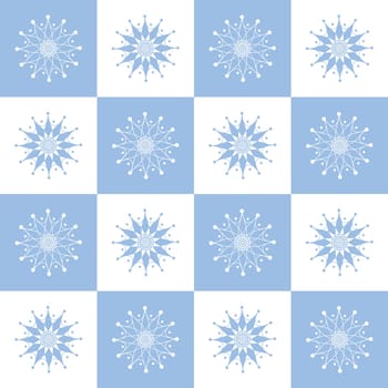 Snowflakes in diamonds pattern. Seamless pattern with the image of snowflakes arranged in geometric shapes. Winter Christmas snow pattern on a blue background. Vector.