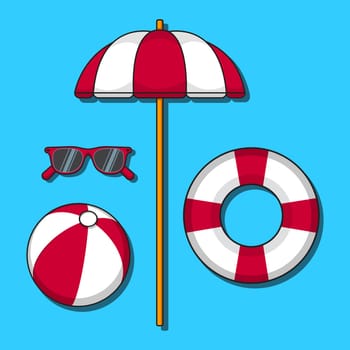 Cartoon set of illustrations of a red and white life buoy, beach ball, beach umbrella and sunglasses on a blue background. Summer vector image.