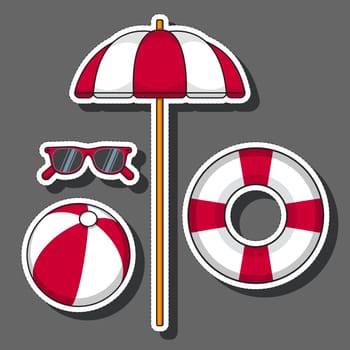 Cartoon sticker set. Beach umbrella, sunglasses, beach ball and life buoy, red and white stripes, on a dark background. Vector illustration.