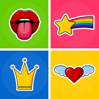 Clip art. Open mouth with tongue, yellow crown, heart with wings and rainbow comet. Stickers on a colored background. Vector cartoon illustration.