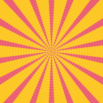 Background illustration in yellow-pink colors. Comic style, retro rays, banner, sticker.