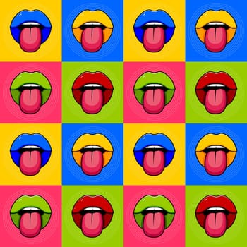 Multicolored background in the style of Pop Art. Pattern with multicolored lips. Retro wallpaper. Vector illustration.