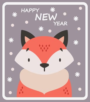 Cute fox on purple snow background. Cartoon winter poster. Vector postcard