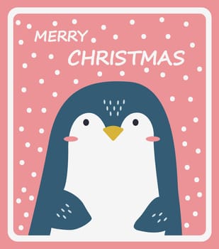 Cute penguin on a pink snowy background. Cartoon winter poster. Vector postcard