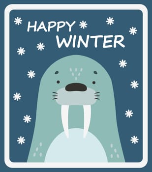 Cute walrus on a blue snowy background. Cartoon winter poster. Vector postcard