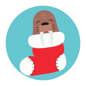 Cute walrus sleeps in a Christmas stocking. Happy Holidays. Winter animal. Vector illustration