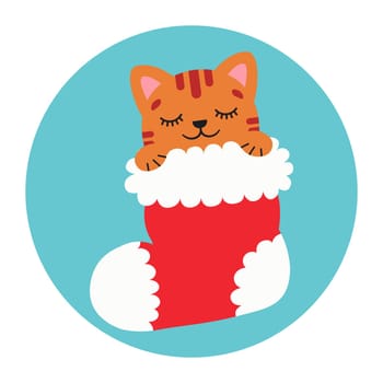 Cute cat in a Christmas stocking. Happy Holidays. Winter animal. Vector illustration