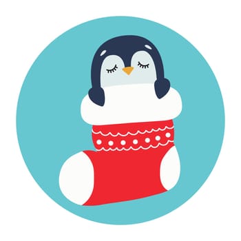 Cute penguin sleeps in a Christmas stocking. Happy Holidays. Winter animal. Vector illustration