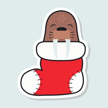 Cute walrus sleeps in a Christmas stocking. Cartoon sticker. Winter animal. Vector illustration