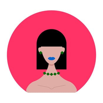 Icon of a black-haired woman with a short haircut with emerald jewelry on a blue oval background. Vector image, banner, poster, background.